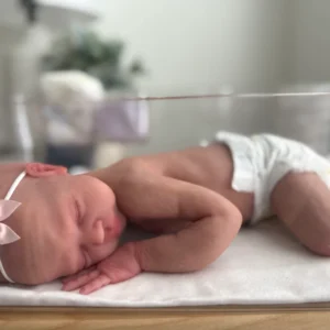 Realistic silicone baby doll with lifelike skin and weighted body for emotional comfort and therapy.