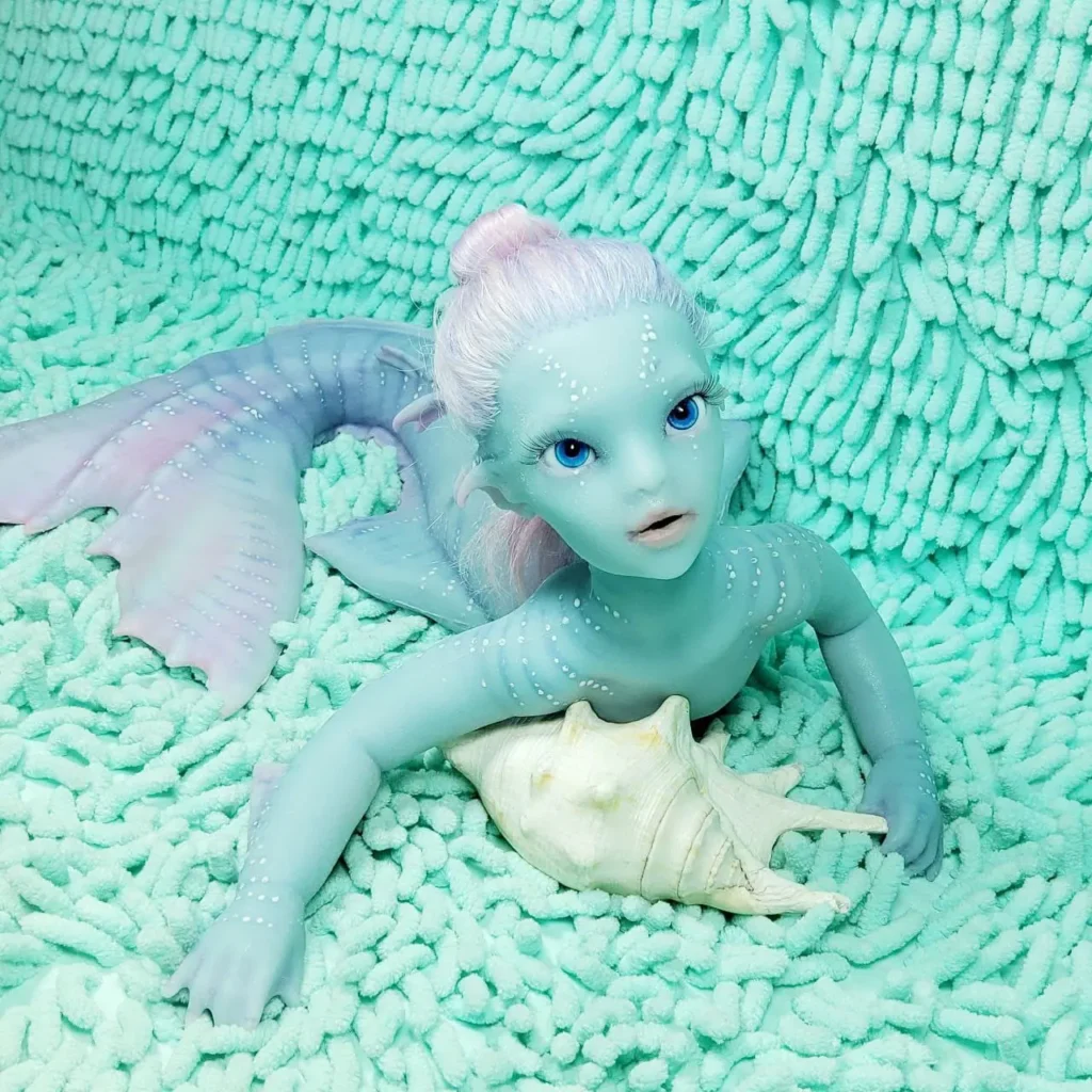 Mermaid doll for sale online in Europe – realistic and handmade with soft, flexible body and detailed tail.